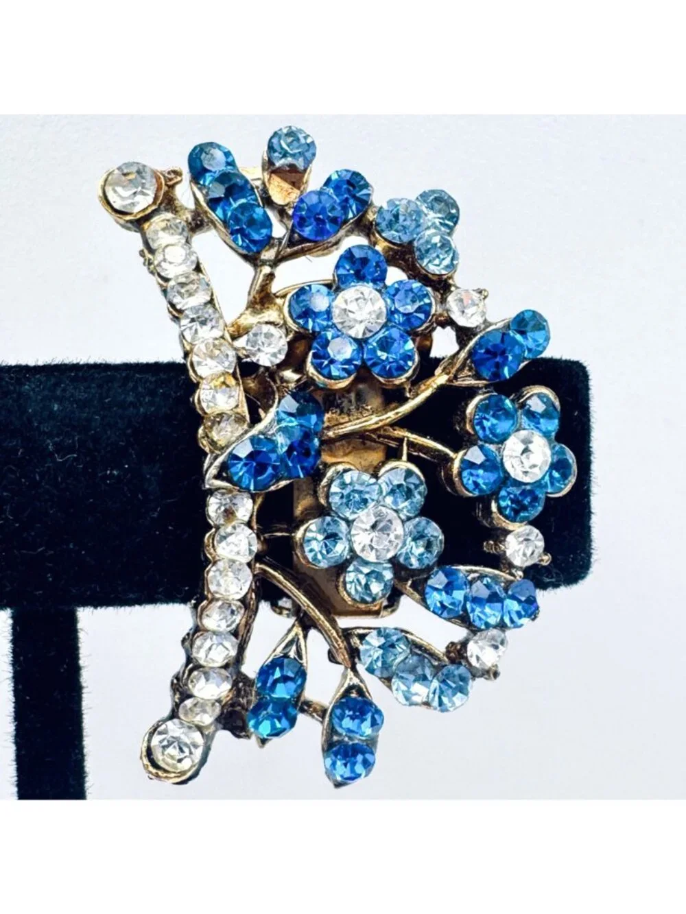 Vintage DeMario Blue Glass Floral Earrings Clip Climber Forget Me Not